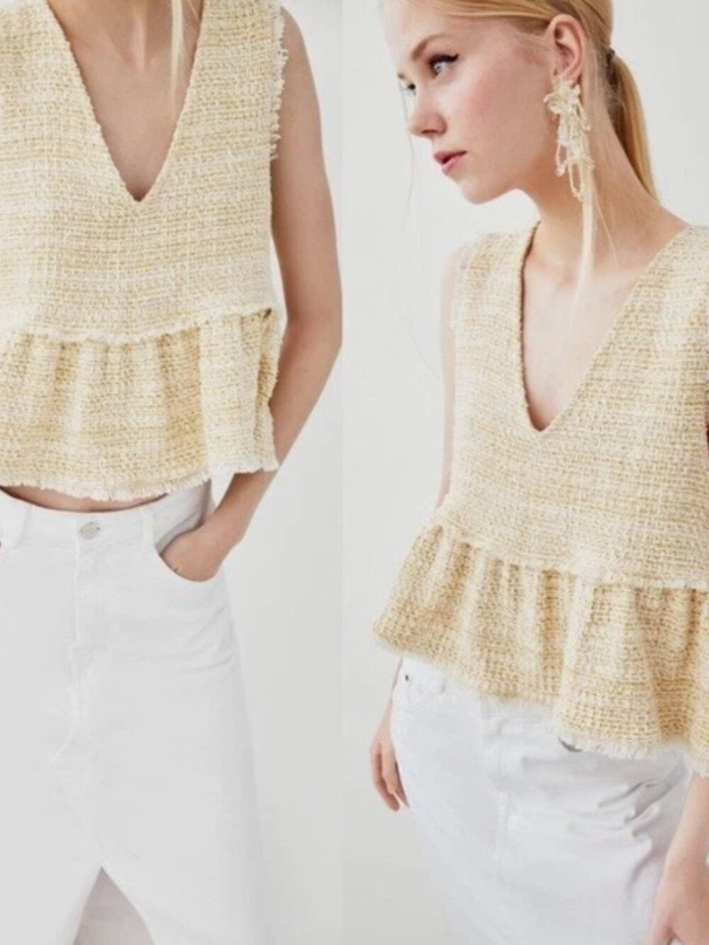 Zara Women's Cream and Yellow Tweed/Woven Crop Peplum Top - M